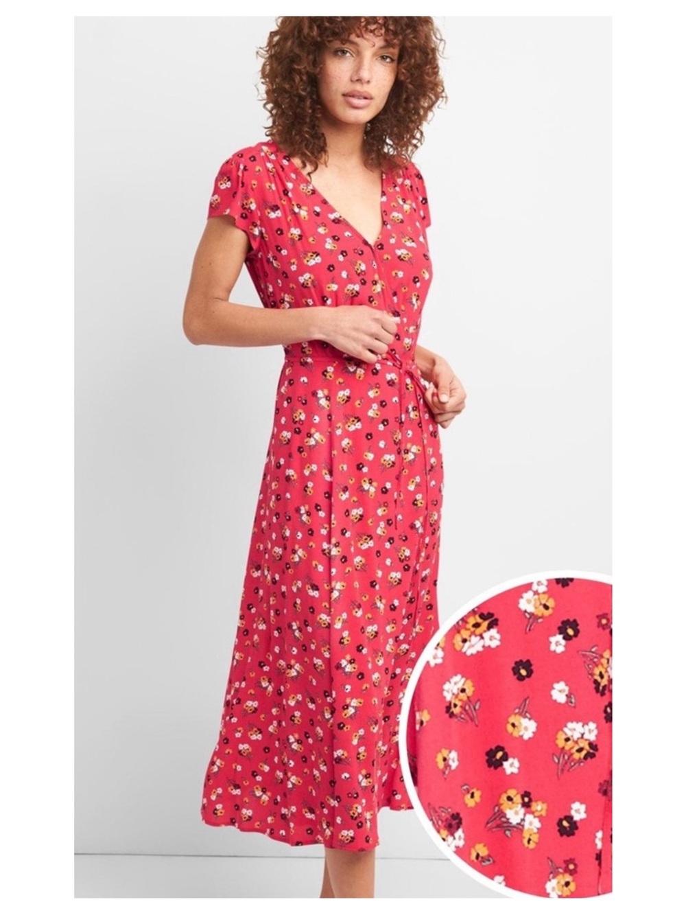 XS Gap Red & White Midi Floral Long Wrap Dress Cottagecore Boho Short-Sleeve